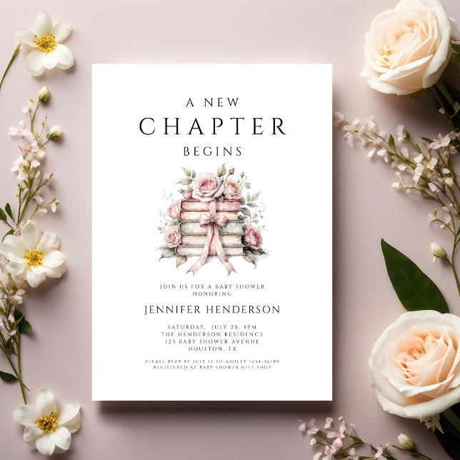 Ett Nytt Kapitel Börjar Rosa Band Böcker Barnkalas Inbjudningar (A New Chapter Begins Pink Bow Books Baby Shower Invitation)