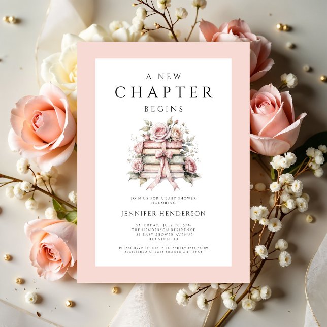 Ett Nytt Kapitel Börjar Rosa Band Böcker Barnkalas Inbjudningar (A New Chapter Begins Pink Bow Books Baby Shower Invitation)