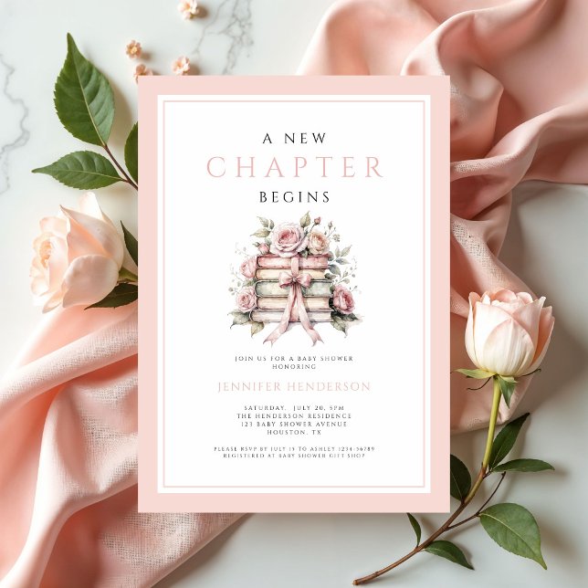 Ett Nytt Kapitel Börjar Rosa Band Böcker Barnkalas Inbjudningar (A New Chapter Begins Pink Bow Books Baby Shower Invitation)