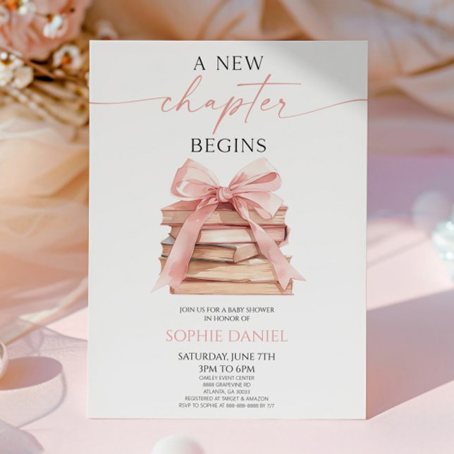 Ett nytt kapitel börjar Rosa Bow Bokar Baby Shower Inbjudningar (Skapare uppladdad)