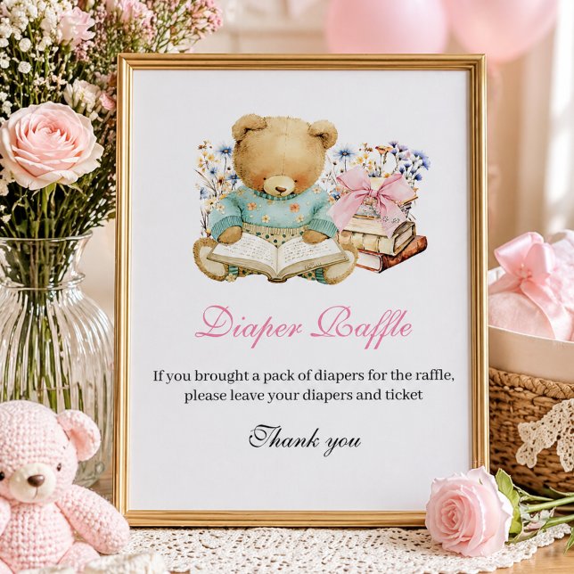 Ett Nytt kapitel börjar snart Boklotteri Blöjtomte Poster (A new chapter will soon begin baby shower girl, diaper raffle sign)