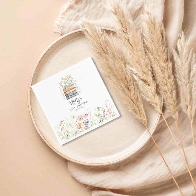 Ett Nytt Kapitel Börjar Wildflower Bok Bebis Baby  Pappersservett (A New Chapter Begins Baby Shower Cocktail Napkin)