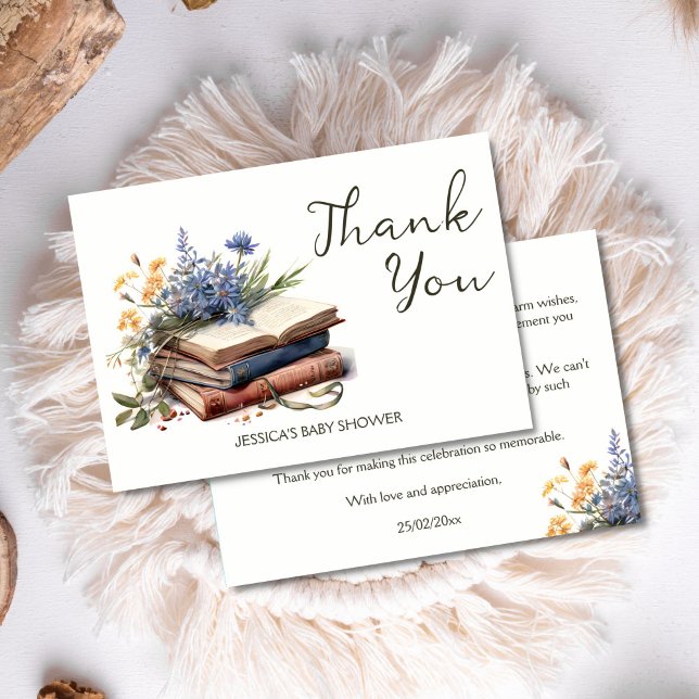 Ett nytt kapitel om bok babydusch tack kort (A new chapter story book baby shower thank you card book wildflowers themed baby shower thank you )