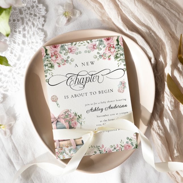 Ett nytt kapitel-Rosa Bow Blommigt Baby Shower Inbjudningar (Skapare uppladdad)