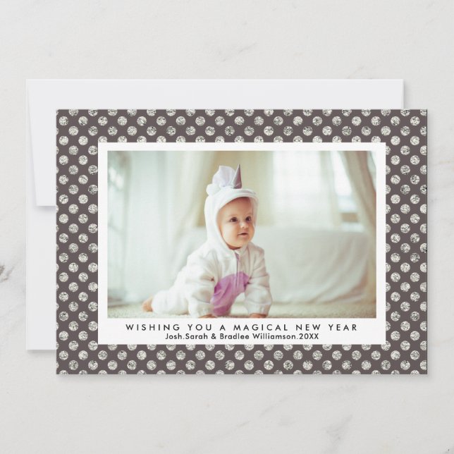 Ett nytt magiskt år Modern Silver Glitter Polka Do Julkort (Framsida)