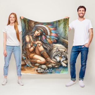 Ett ögonblick mellan en indisk indian och en varg fleecefilt