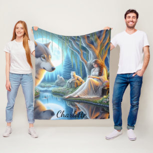 Ett ögonblick mellan en indisk indian och en varg fleecefilt