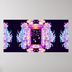 Ett öppet fönster med vintagar mot en bakgrund poster