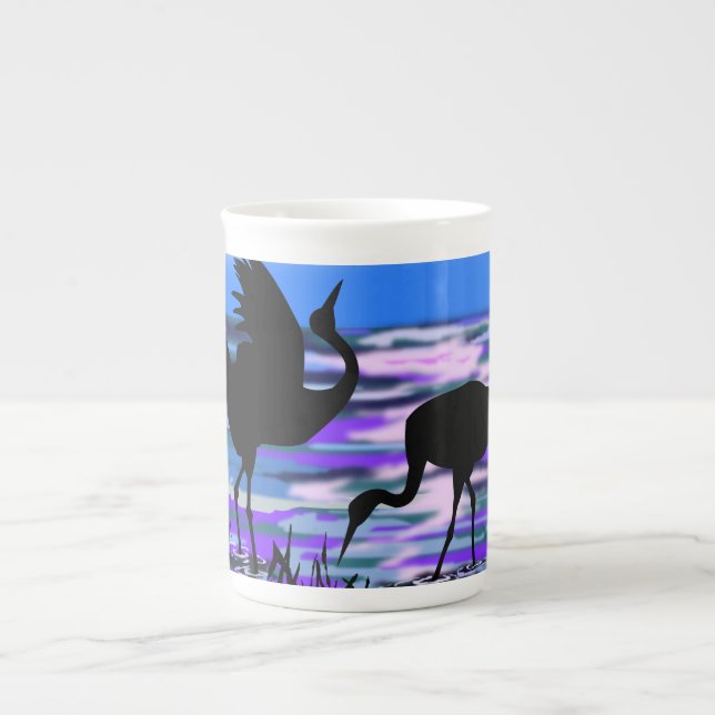 Ett par Crane Bird Mugg Benporslin Mugg (Framsidan)