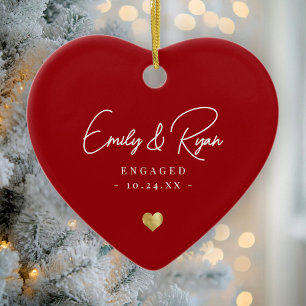 Ett par Förlovningar varningar Guld Heart Keepsak Julgransprydnad Keramik