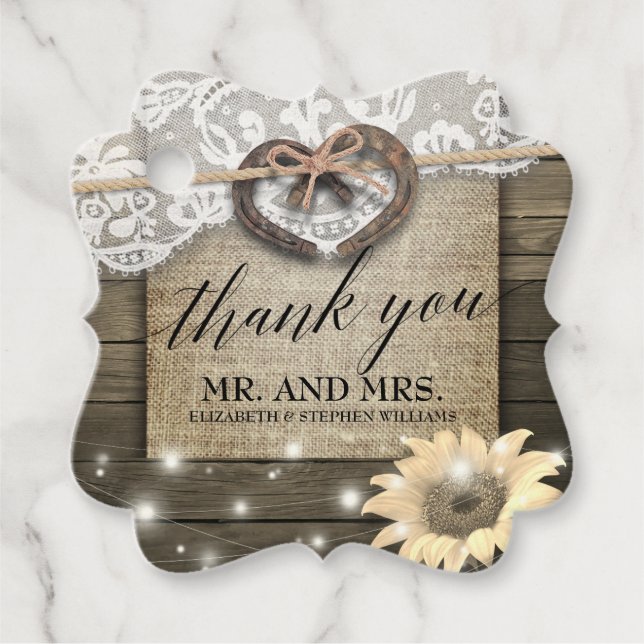 Ett par hästseshoes Solros Wood Bröllop Tack Gåvor Etiketter (Framsida)