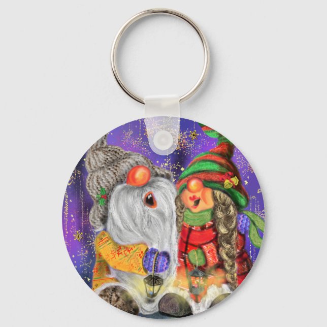 Ett par Huggade Gnomes Singing Lycklig jul Sång Nyckelring (Framsida)