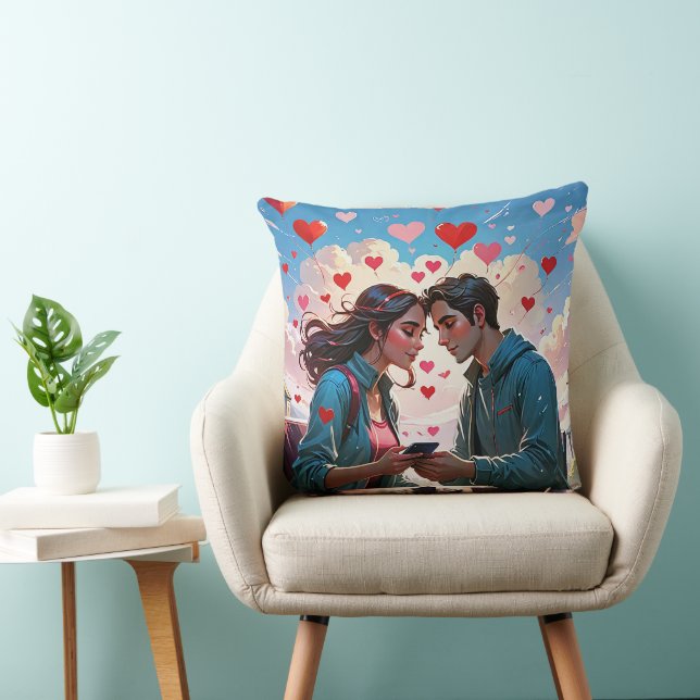 Ett par i kärlek med flygande hjärtan - Dekorativ  Kudde (Stol)