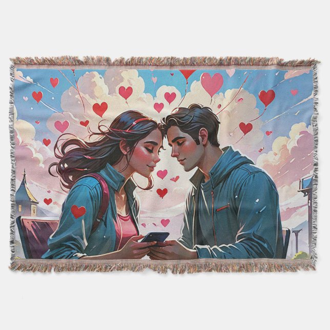 Ett par i kärlek med flygande hjärtan - Throw Blan Filt (Framsidan)