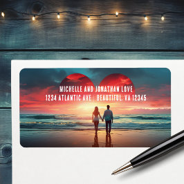 Ett par i Kärlek med Heart Sunset Beach Adress Adressetikett