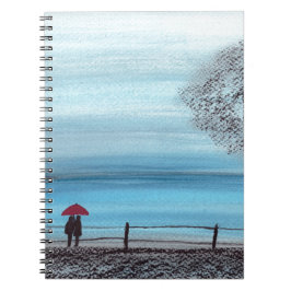 Ett par i kärlek med röda paraplyer anteckningsbok med spiral