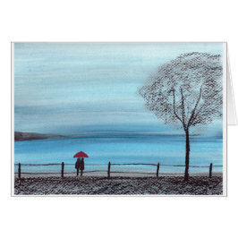 Ett par i kärlek med röda paraplyer hälsningskort