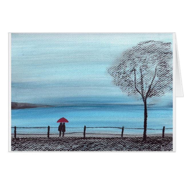 Ett par i kärlek med röda paraplyer hälsningskort (Framsidan Horizontal)