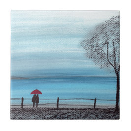 Ett par i kärlek med röda paraplyer kakelplatta