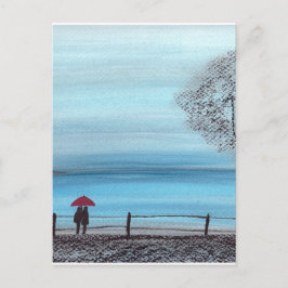 Ett par i kärlek med röda paraplyer vykort