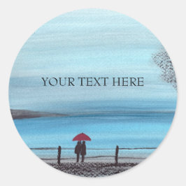 Ett par i kärlek med rött paraplyvykort runt klistermärke