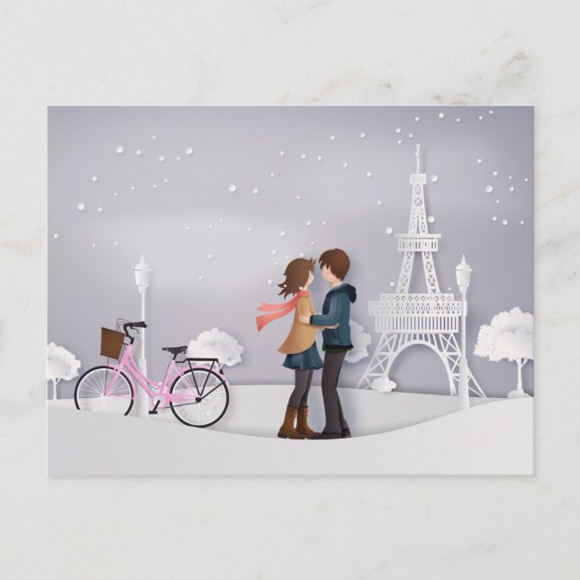 Ett par i Snowy Paris med Eiffel Torn Vykort (Framsida)