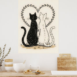 Ett par katter i Kärlek med Blommigt hjärta Poster