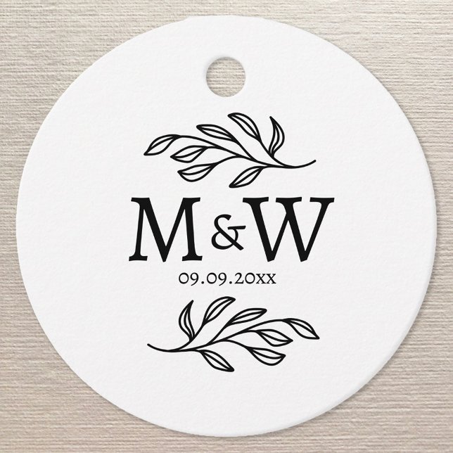 Ett par Monogram Bröllop Datumdatum Elegant Botani Gåvor Etiketter (Wedding couple monogram initials date botanical leaf line art favor tag)