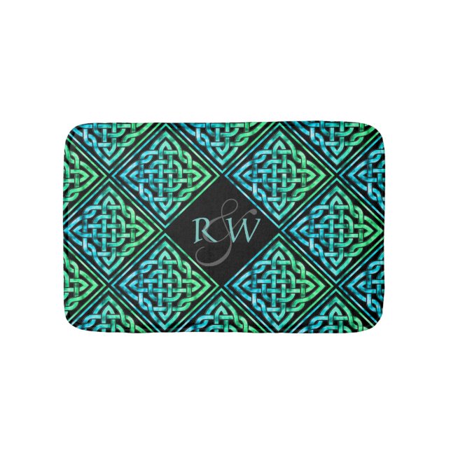 Ett par Monogram Celtic Knot Blue Grönt Bath Mat Badrumsmatta (Framsidan)