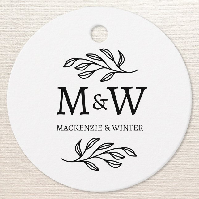 Ett par Monogram Namn Bröllop Elegant Botaniska Gåvor Etiketter (Modern wedding couple monogram initial names botanical leaf favor tag)