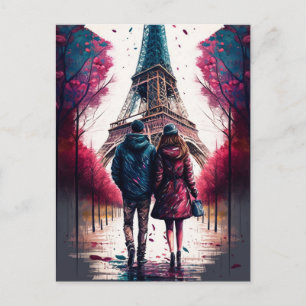 Ett par på Eiffel Torn Paris Frankrike Vykort
