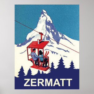 Ett par på en skidlisa hiss i Zermatt, vintage res Poster