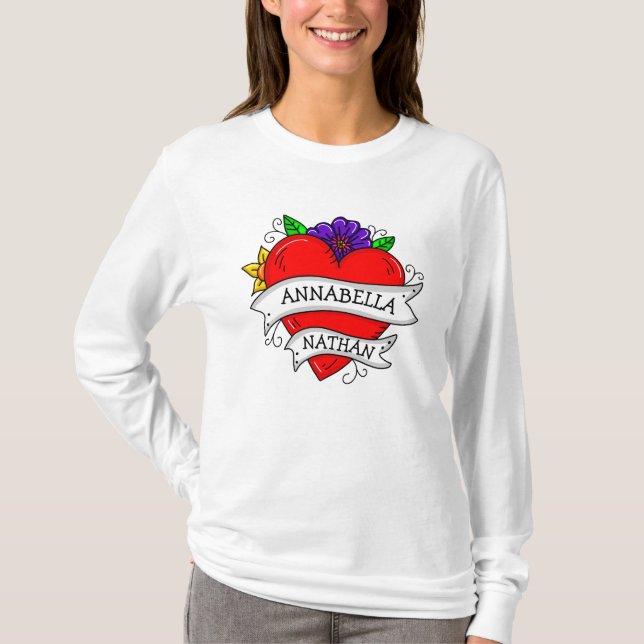 Ett par Romantiska hjärtslag Tattoo Stil Art T Shirt (Framsida)