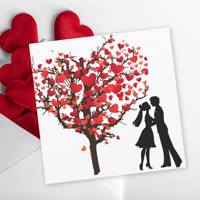 Ett par Silhouette under Valentines hjärta Träd Julkort (Skapare uppladdad)