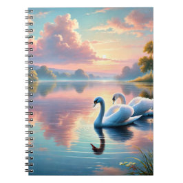 Ett par svanar glider på en serene sjö anteckningsbok