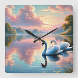 Ett par svanar glider på en serene sjö fyrkantig klocka