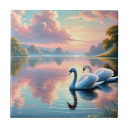 Ett par svanar glider på en serene sjö kakelplatta