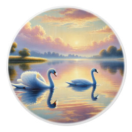 Ett par svanar glider på en serene sjö knopp