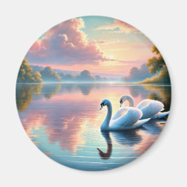 Ett par svanar glider på en serene sjö magnet