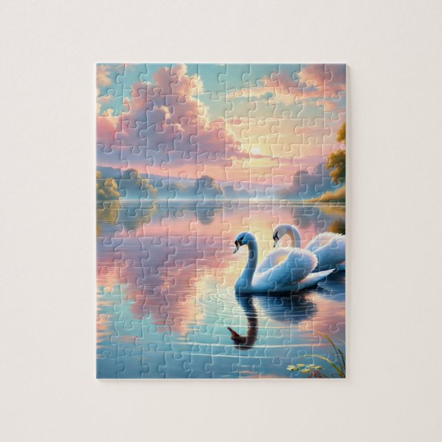 Ett par svanar glider på en serene sjö pussel (Vertikal)