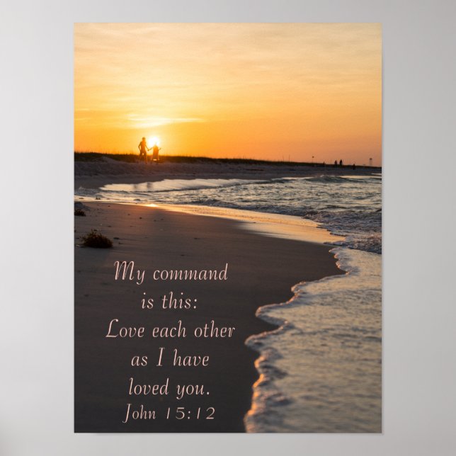 Ett par Walking Beach vid Sunrise John 15 12 Poster (Framsidan)