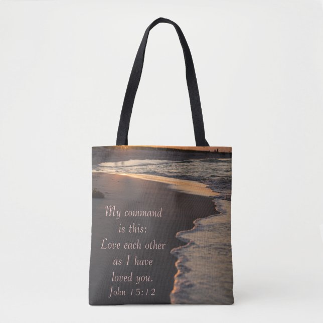 Ett par Walking Beach vid Sunrise John 15 12 Tygkasse (Framsida)