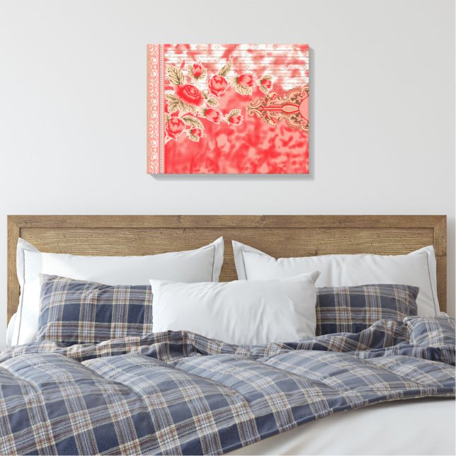 Ett pulserande rött och rosa blommönster med el canvastryck (Insitu (sovrum))