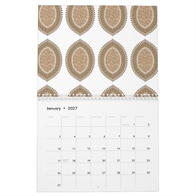 Ett rektangulärt matta med en kompakt geometrisk m kalender (Jan 2027)