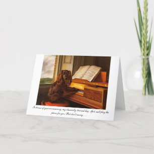 Ett roligt jubileumskort med hund och piano kort