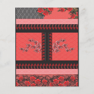 Ett rött och svart mönster med blommor på det flygblad
