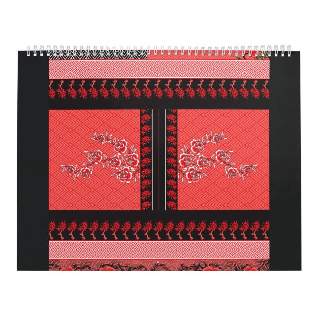 Ett rött och svart mönster med blommor på det kalender (Omslag)