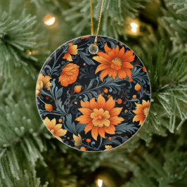 Ett runt ornament har livfulla orange blommor