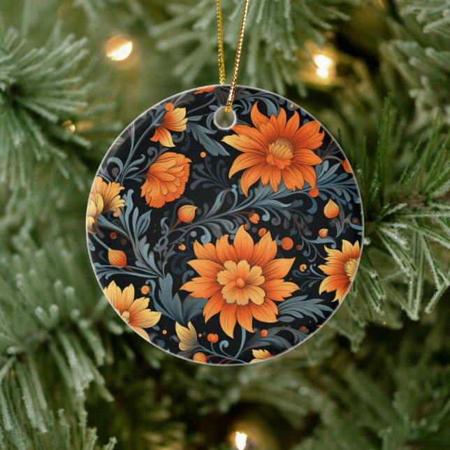 Ett runt ornament har livfulla orange blommor (Träd)