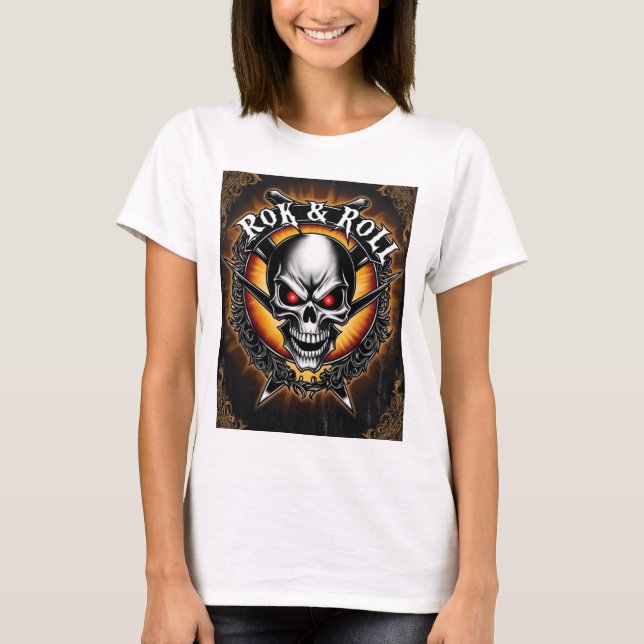 Ett slående "Skull" Rock and roll-band T Shirt (Framsida)